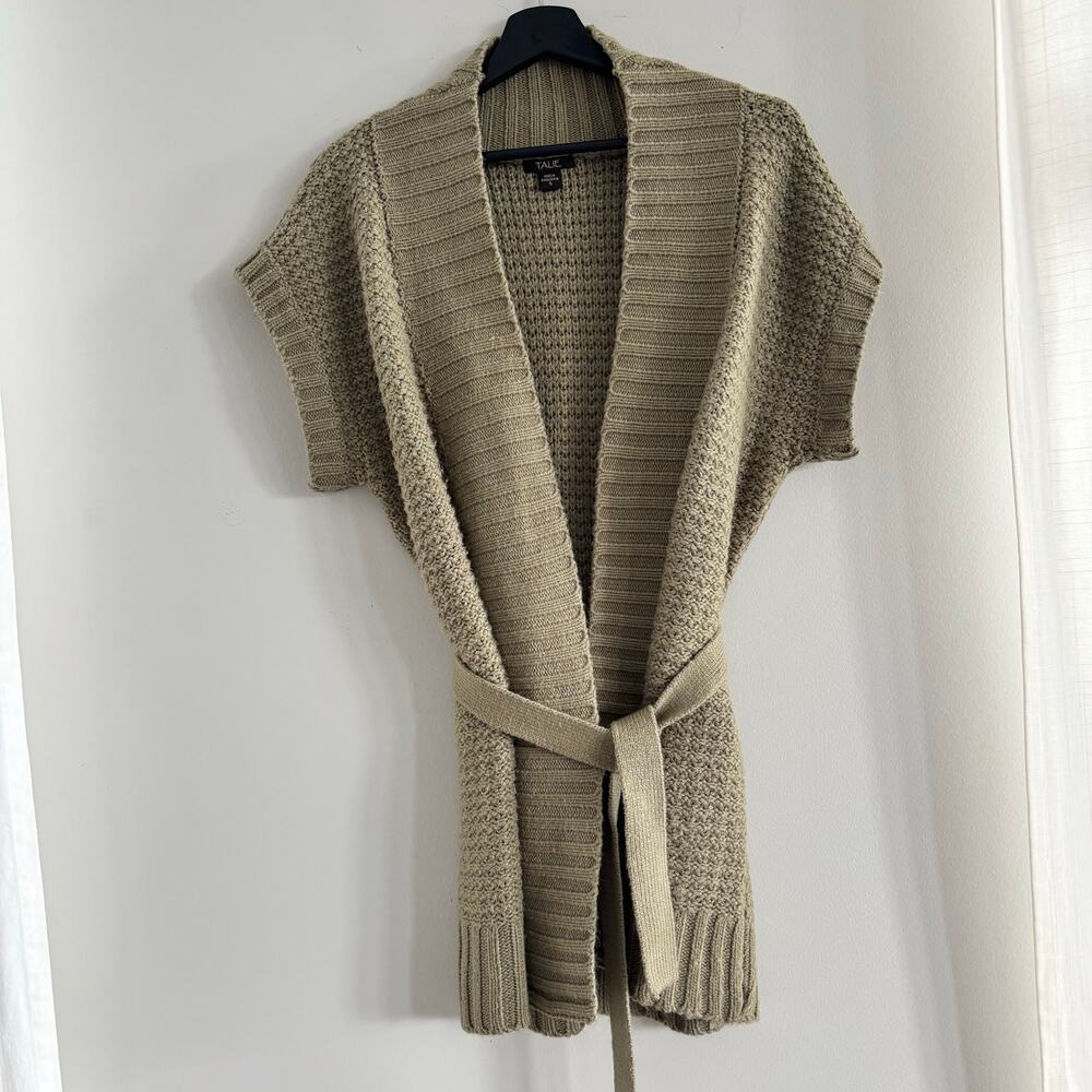 Talie Short Sleeve Knit Belted Cardigan Open Front Women Size XS Greenish Beige